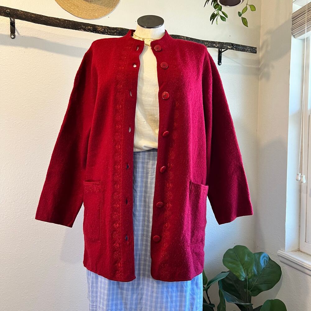 Vintage 90s Red Wool Button Front Embroidered Chore Cardigan Jacket Size 2X